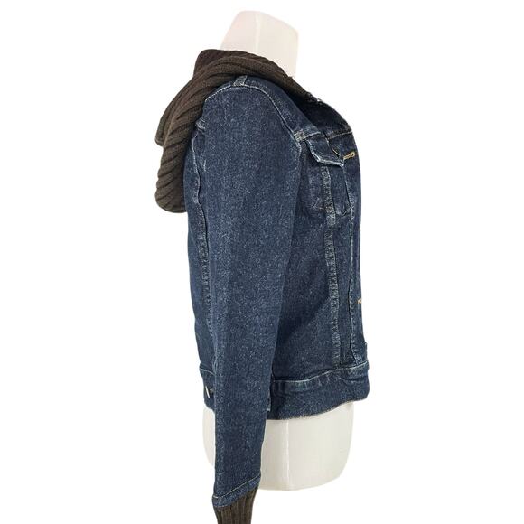 THEORY Kat Indy Denim Dark Wash Trucker Jacket w/ Wool Sweater Hood/Trim Size XS - Picture 5 of 7